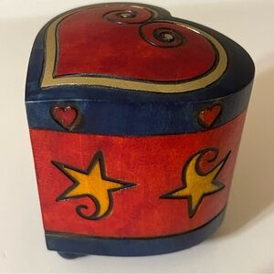 Whimsical Wood Heart Shaped Decorative Box with Stars with Secret Pivot Lid